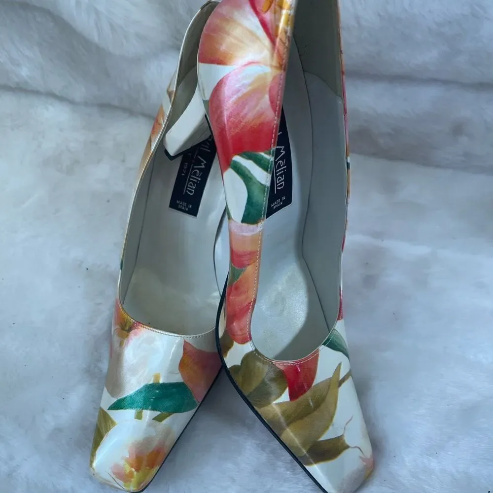 Paul Mèlian patent multi color marble prints slip on pumps square toe si…